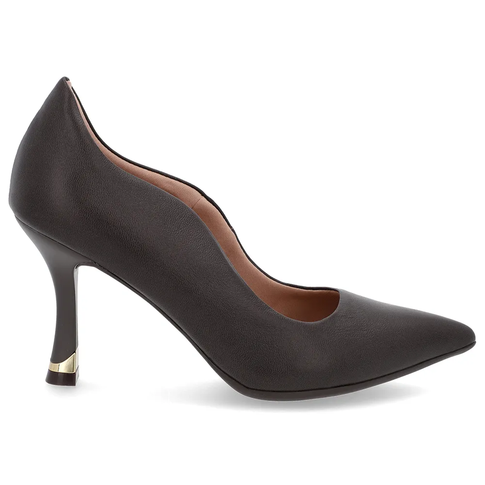 Scarpin Feminino Marrom Couro Bico Fino Detalhe Recorte Elegante Confortável