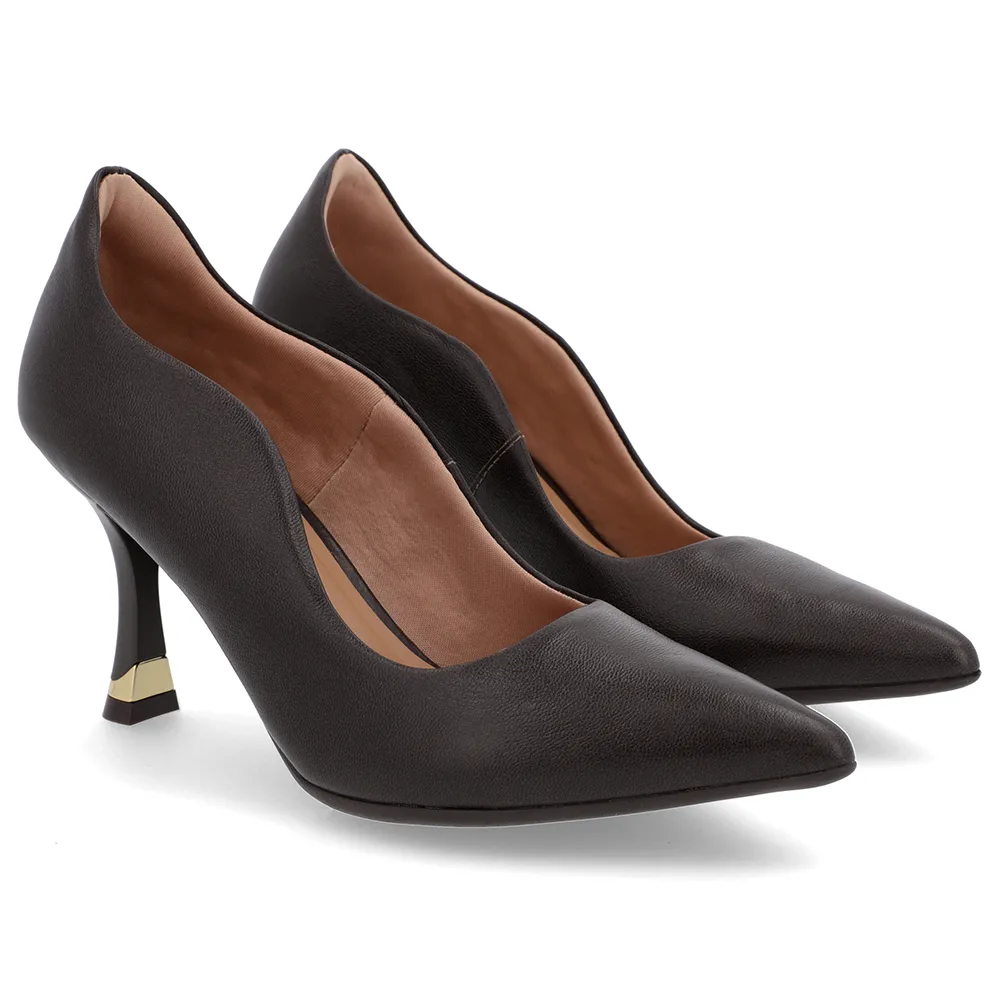 Scarpin Feminino Marrom Couro Bico Fino Detalhe Recorte Elegante Confortável