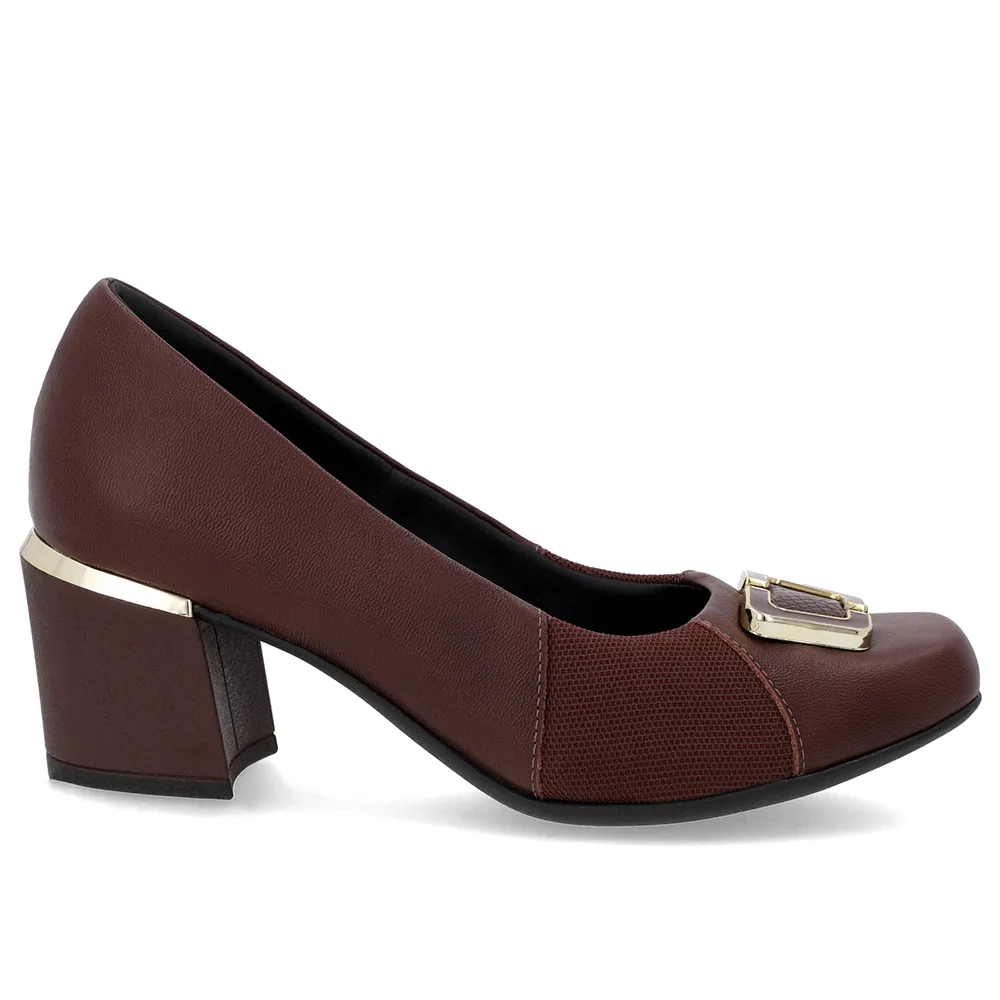 Scarpin Marrom Couro Feminino Elegante Com Detalhe em Tecido