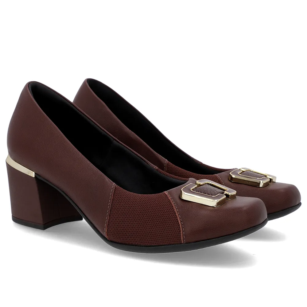 Scarpin Marrom Couro Feminino Elegante Com Detalhe em Tecido