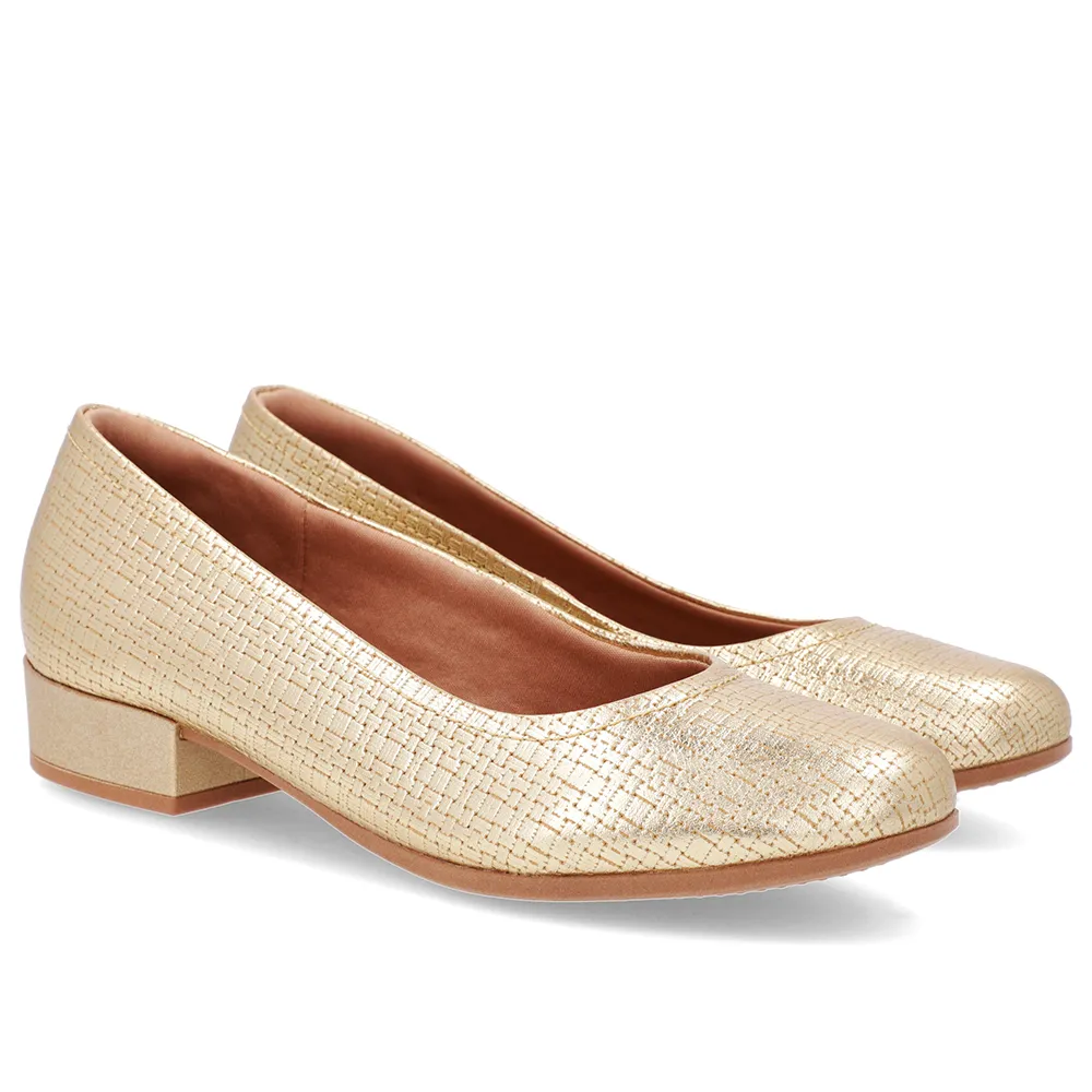 Scarpin Dourado Elegante em Couro Com Bico Redondo Feminino Confortável
