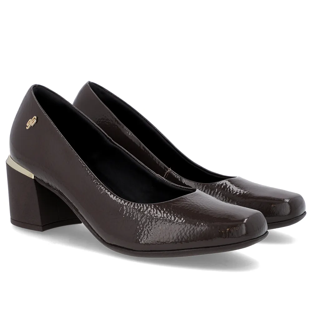 Scarpin Marrom Couro Feminino Bico Quadrado Conforto Elegante Salto