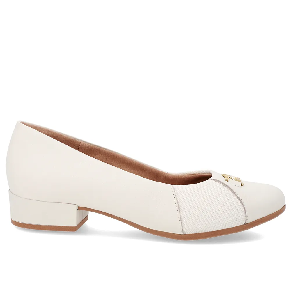 Scarpin Feminino Couro Branco Marfim Bico Redondo Tecido Lateral Confortável