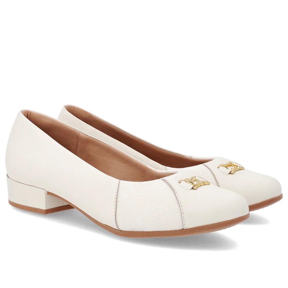 Scarpin Feminino Couro Branco Marfim Bico Redondo Tecido Lateral Confortável