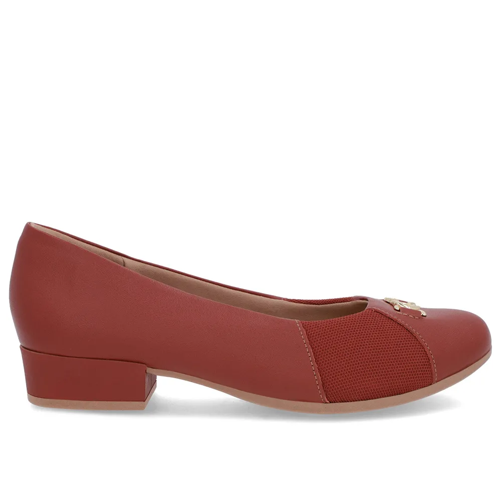 Scarpin Marrom Couro Feminino Bico Redondo Tecido Lateral Confortável