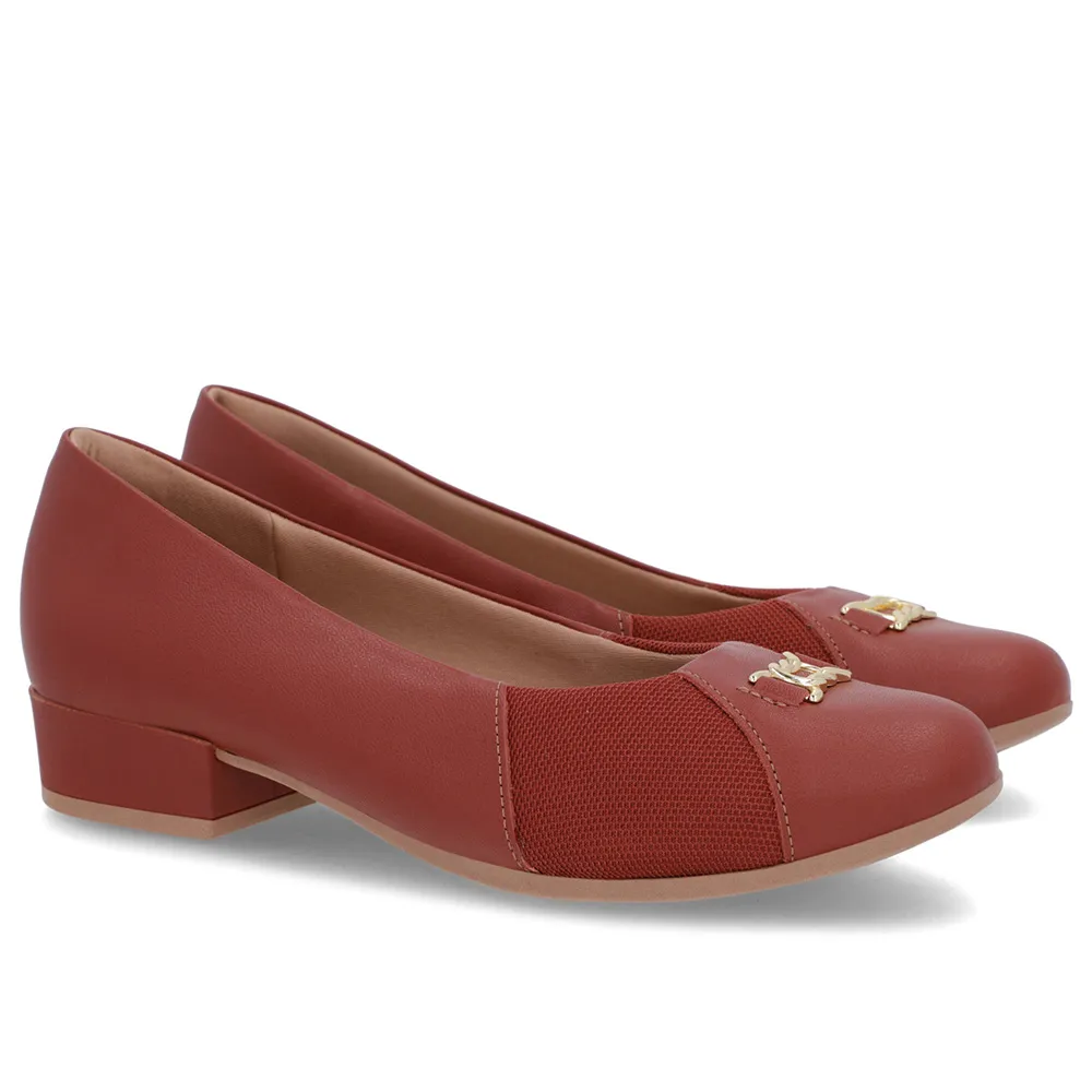 Scarpin Marrom Couro Feminino Bico Redondo Tecido Lateral Confortável