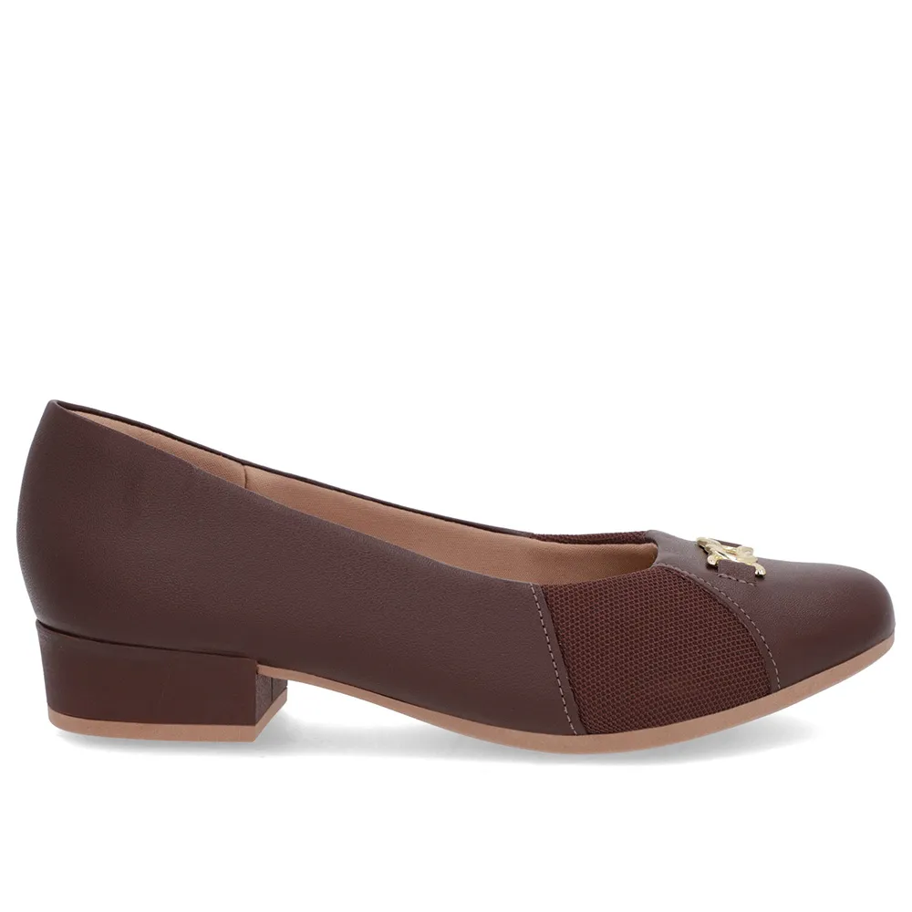 Scarpin Marrom Couro Legítimo Bico Redondo Tecido Lateral Elegante