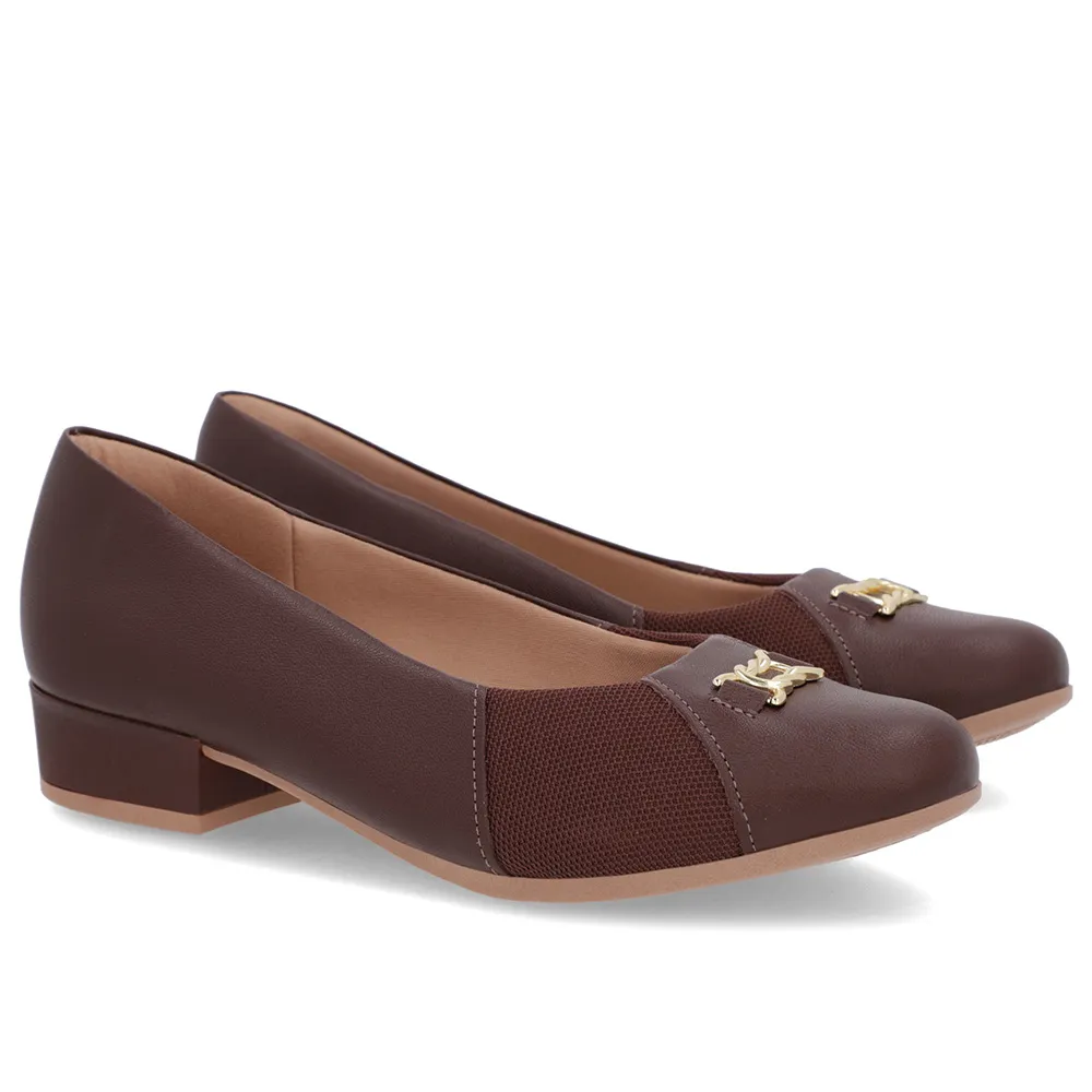 Scarpin Marrom Couro Legítimo Bico Redondo Tecido Lateral Elegante