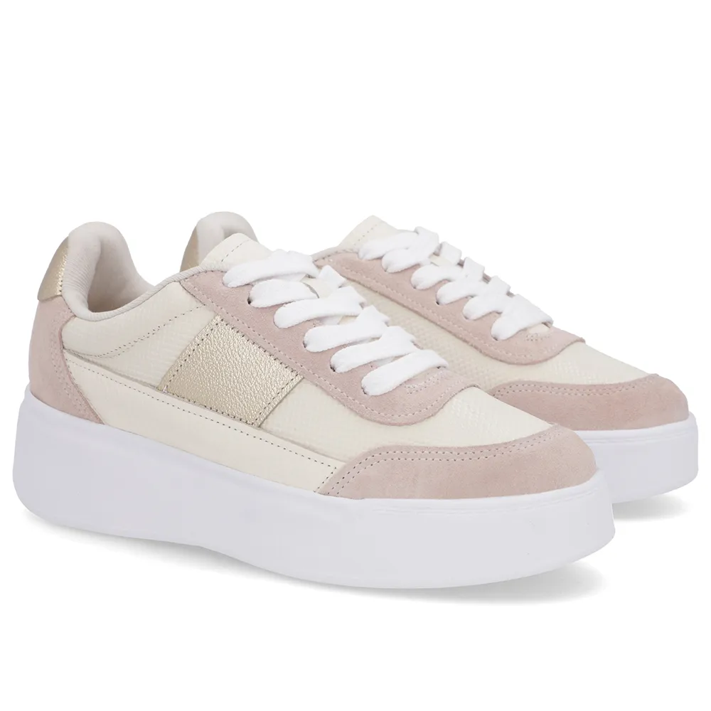 Tênis Branco Marfim Couro Sola Alta com Detalhe Rosa Elegante