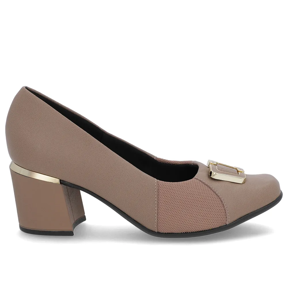 Scarpin Feminino Marrom Claro Couro Com Detalhes Em Tecido Elegante
