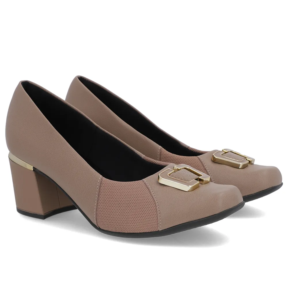 Scarpin Feminino Marrom Claro Couro Com Detalhes Em Tecido Elegante